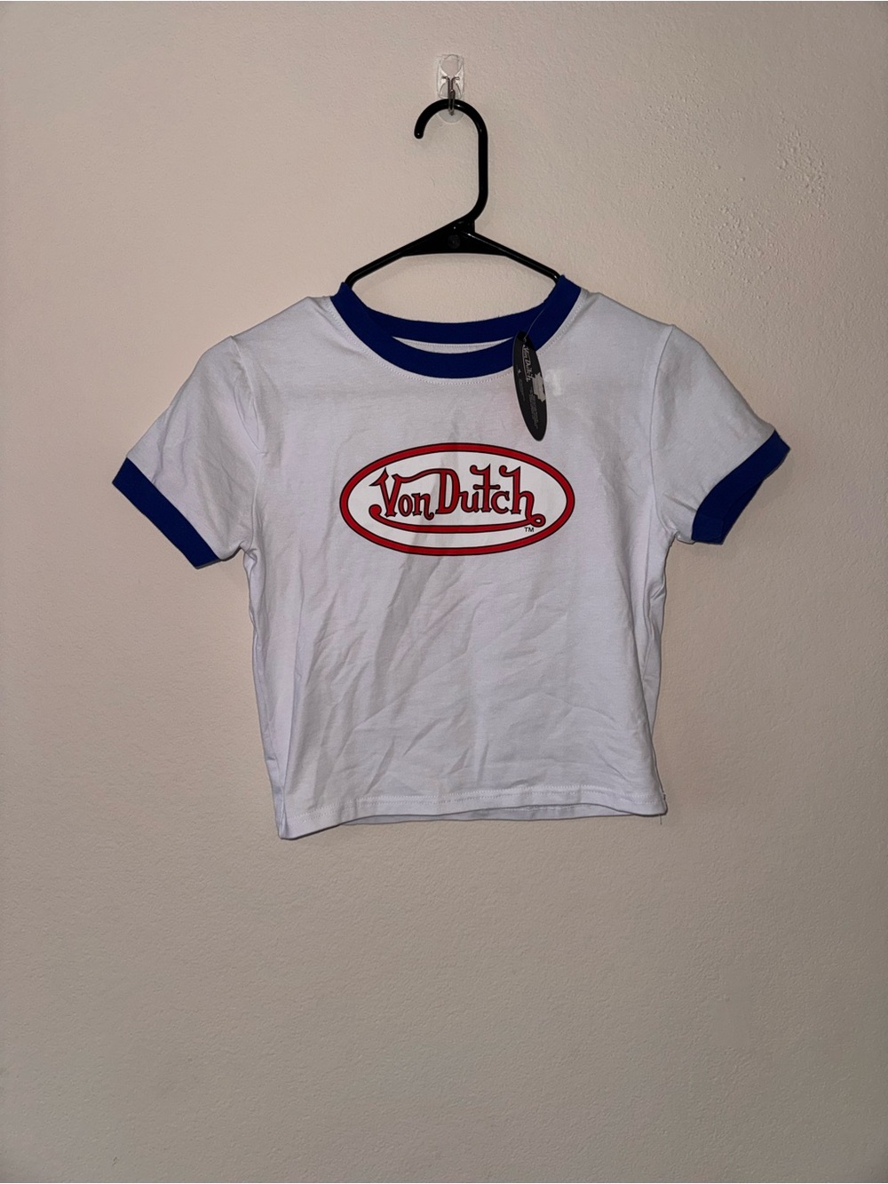 Women’s Von Dutch White Tee with Blue Trim and Red Logo